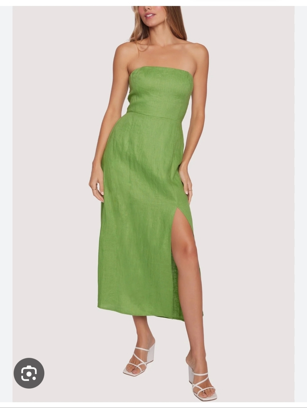Lost + Wander Linen Strapless Green Midi Dress with Side Slit